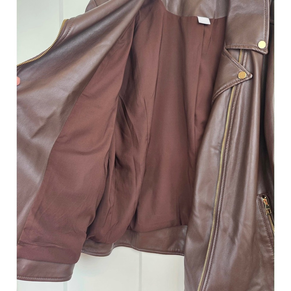 Chicos Brown Faux Leather Moto Jacket Size 3 US 16/18 Gold Hardware Asymmetrical - Picture 9 of 16